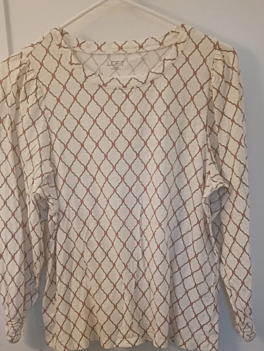 LOFT Cream Long-Sleeve Top with Rust Geometric Lattice